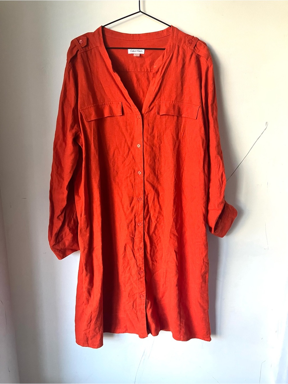 Calvin Klein Orange Long-Sleeve Button-Front Shirt Dress